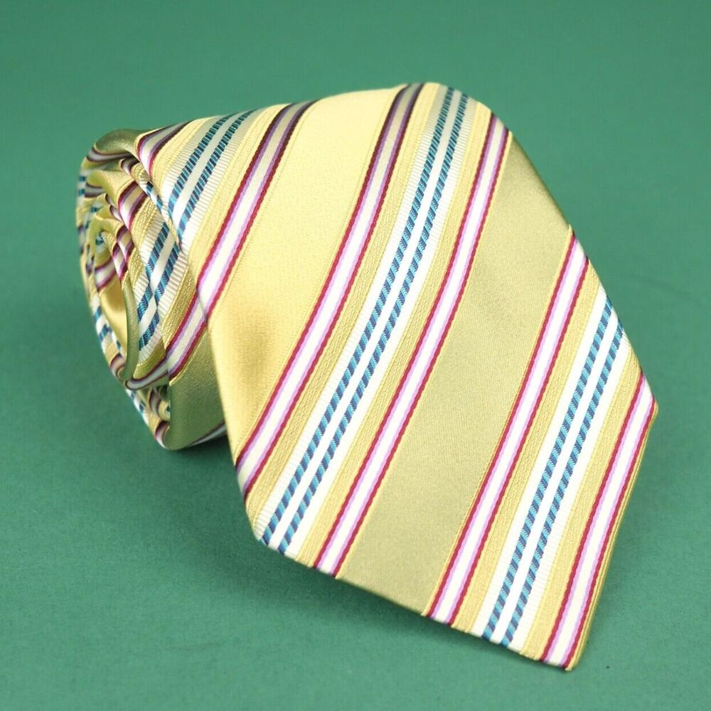 Ermenegildo Zegna Silk Necktie Yellow Heavy Woven Striped Made in Italy